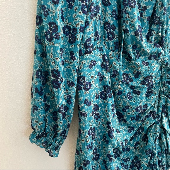 NEW Veronica Beard Becky Silk Turquoise Floral Ruching Skirt Dress Size 6 - Picture 4 of 14